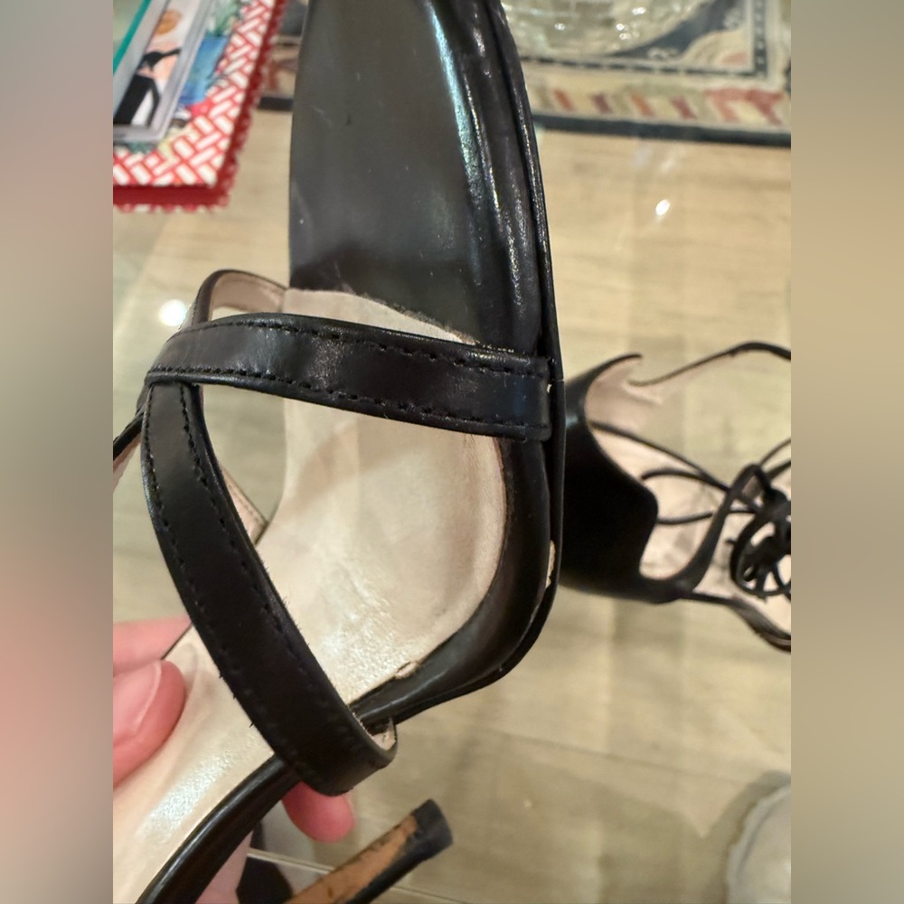 Frances Valentine Valentina Open Toe T-Strap Black Heels - Picture 8 of 8